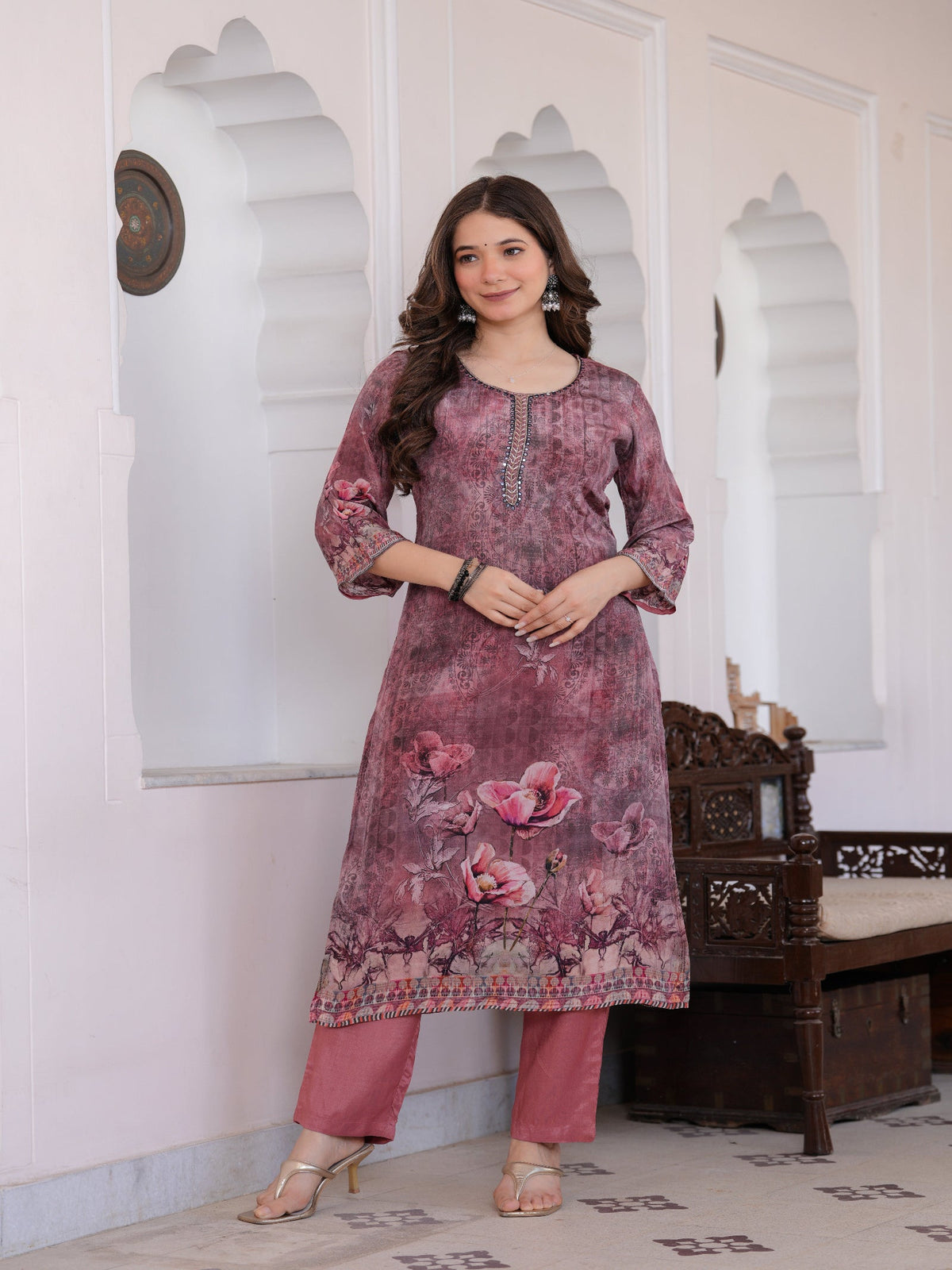 Rangvastra Maroon Viscose Crape Digital Print Kurta Pant Dupatta Set