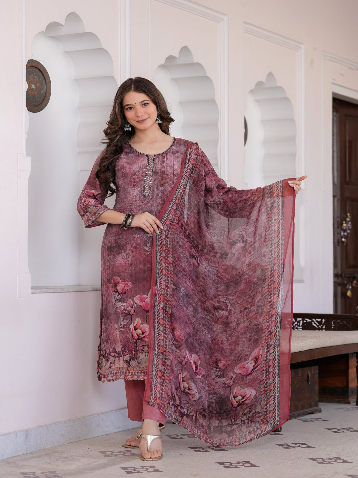Rangvastra Maroon Viscose Crape Digital Print Kurta Pant Dupatta Set