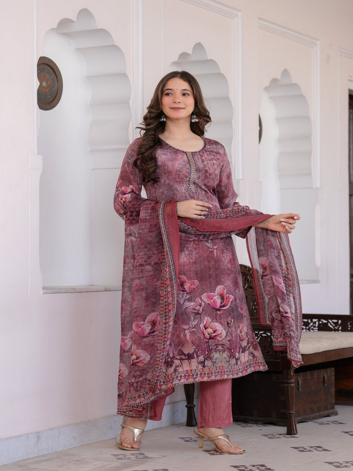 Rangvastra Maroon Viscose Crape Digital Print Kurta Pant Dupatta Set
