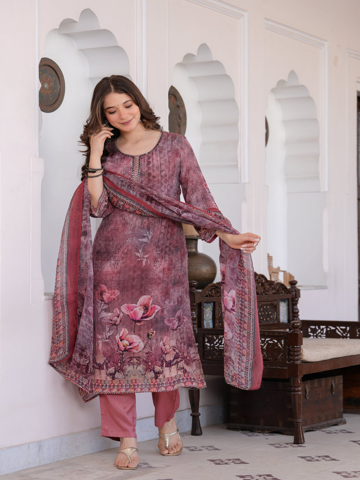 Rangvastra Maroon Viscose Crape Digital Print Kurta Pant Dupatta Set