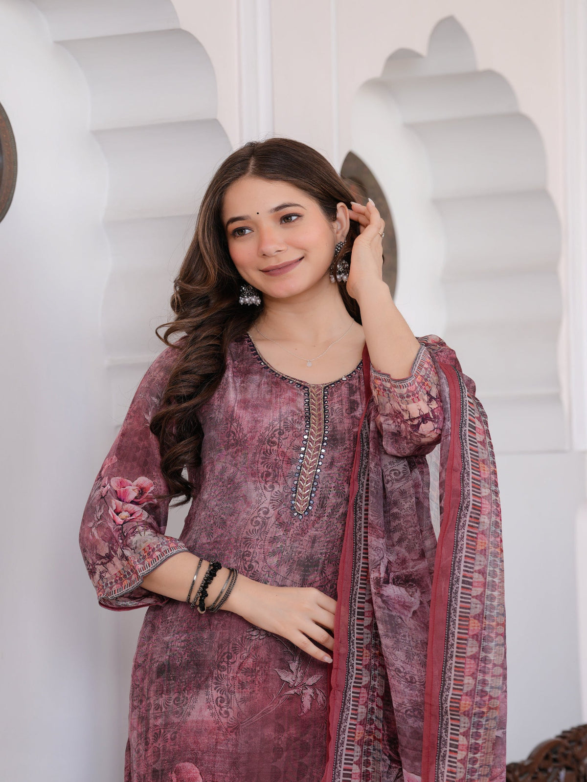 Rangvastra Maroon Viscose Crape Digital Print Kurta Pant Dupatta Set