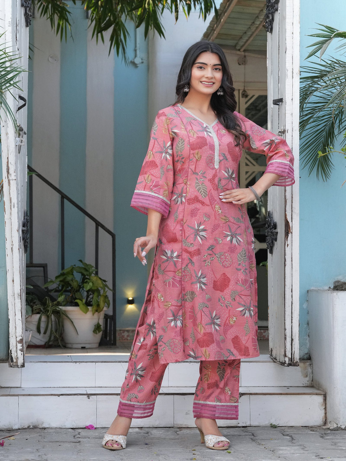 Rangvastra Pink & Yellow Floral Print Modal Chanderi Kurta Set