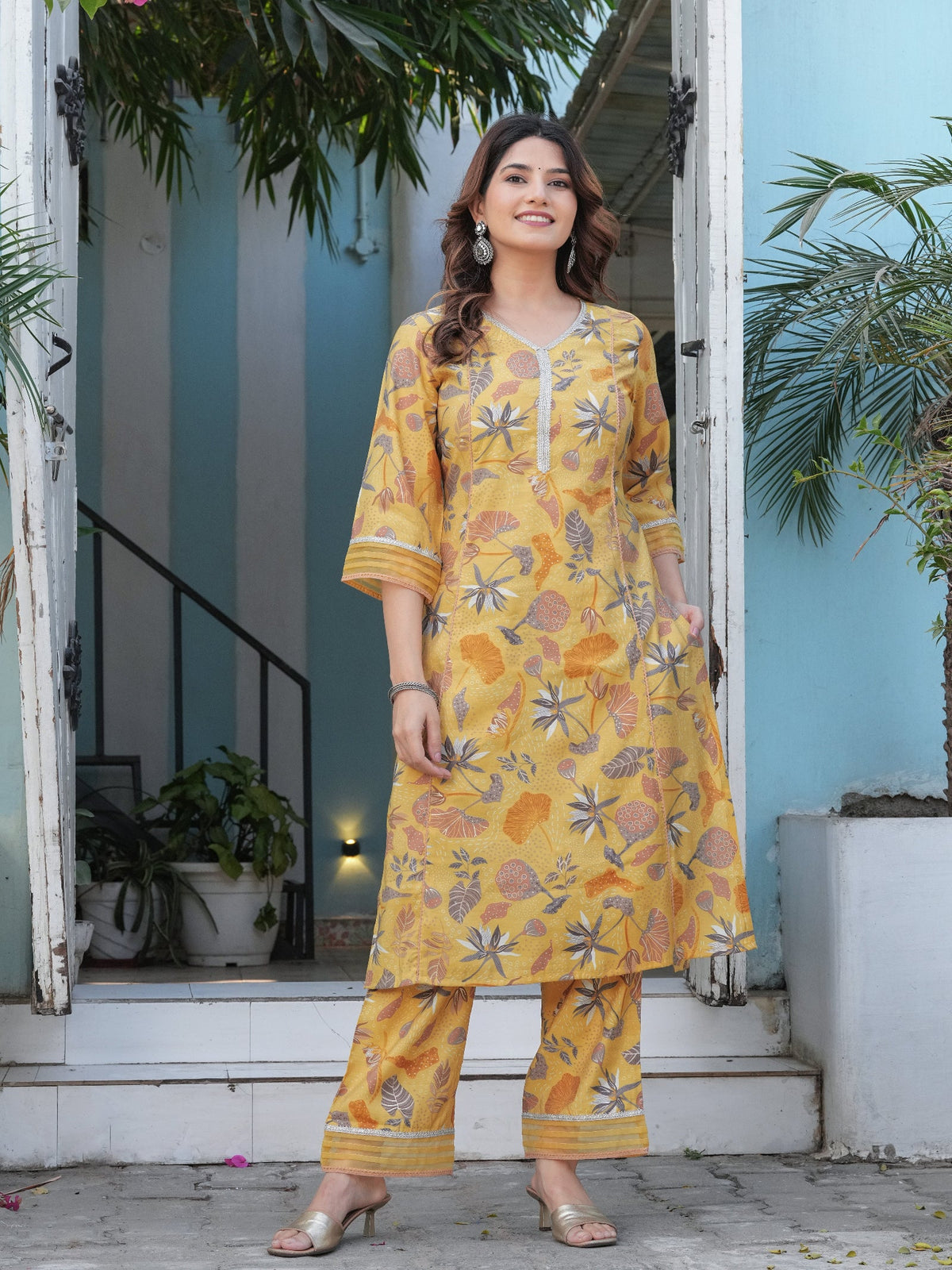 Rangvastra Pink & Yellow Floral Print Modal Chanderi Kurta Set