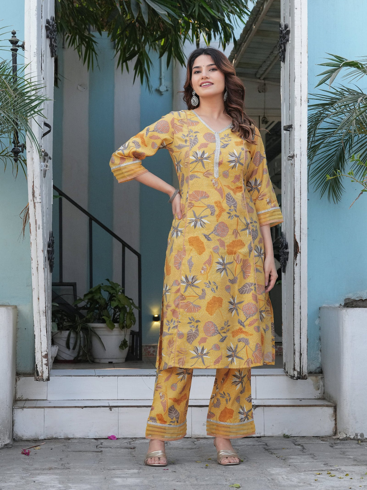 Rangvastra Pink & Yellow Floral Print Modal Chanderi Kurta Set