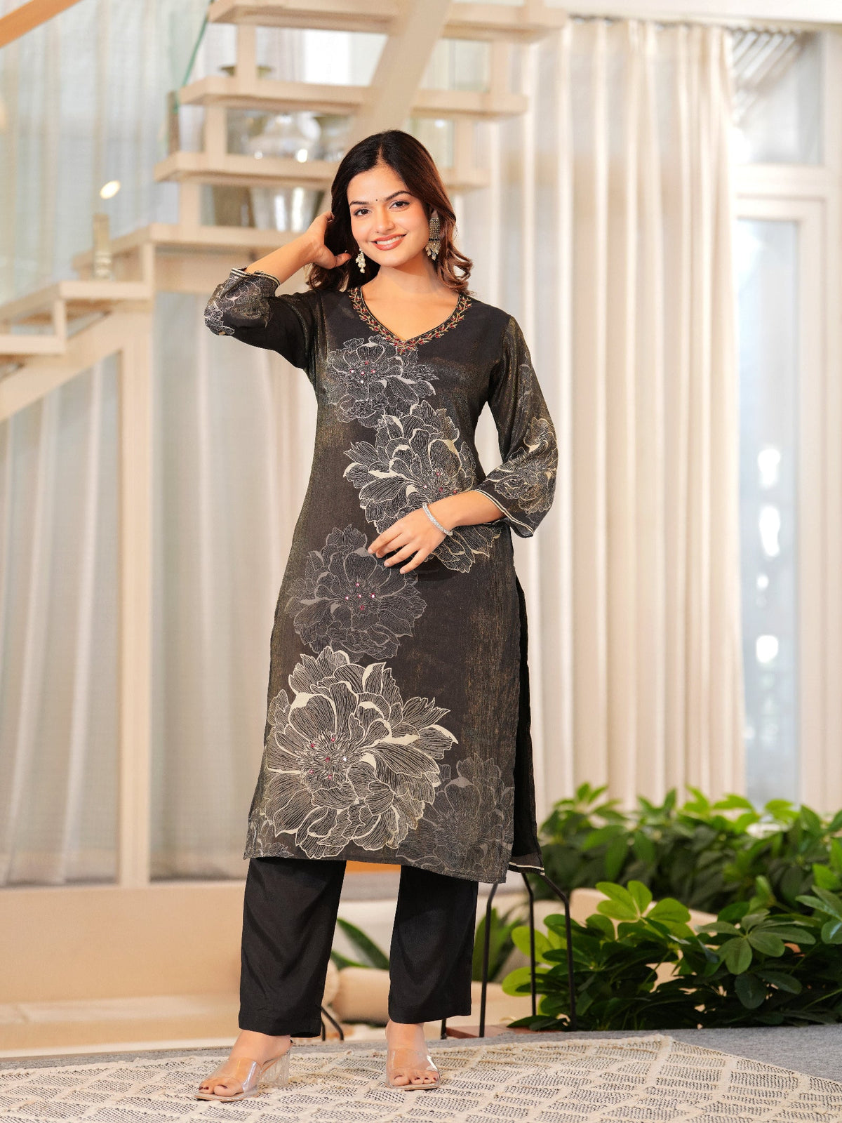 Rangvastra Brown Shimmer Maslin Digital Floral Printed Kurta Pant With Dupatta Set