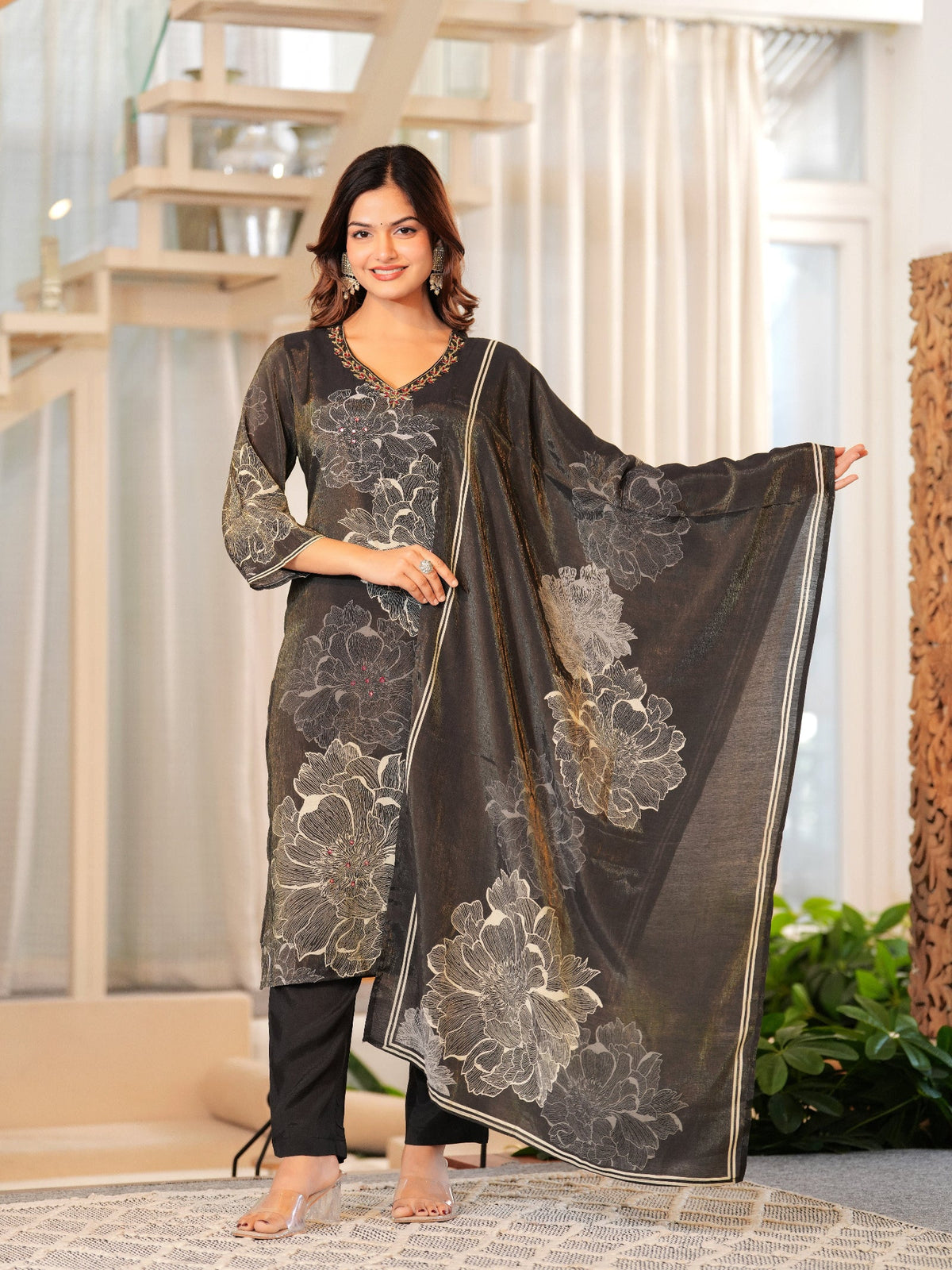 Rangvastra Brown Shimmer Maslin Digital Floral Printed Kurta Pant With Dupatta Set