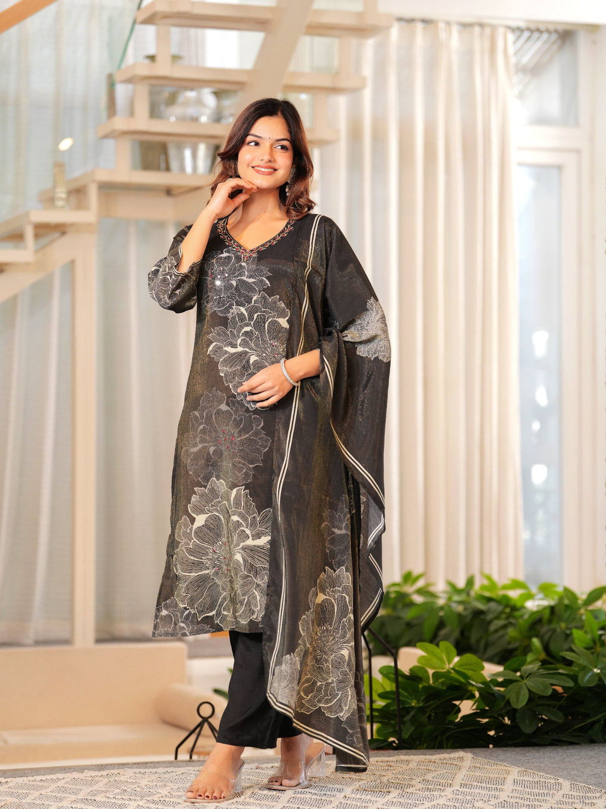 Rangvastra Brown Shimmer Maslin Digital Floral Printed Kurta Pant With Dupatta Set