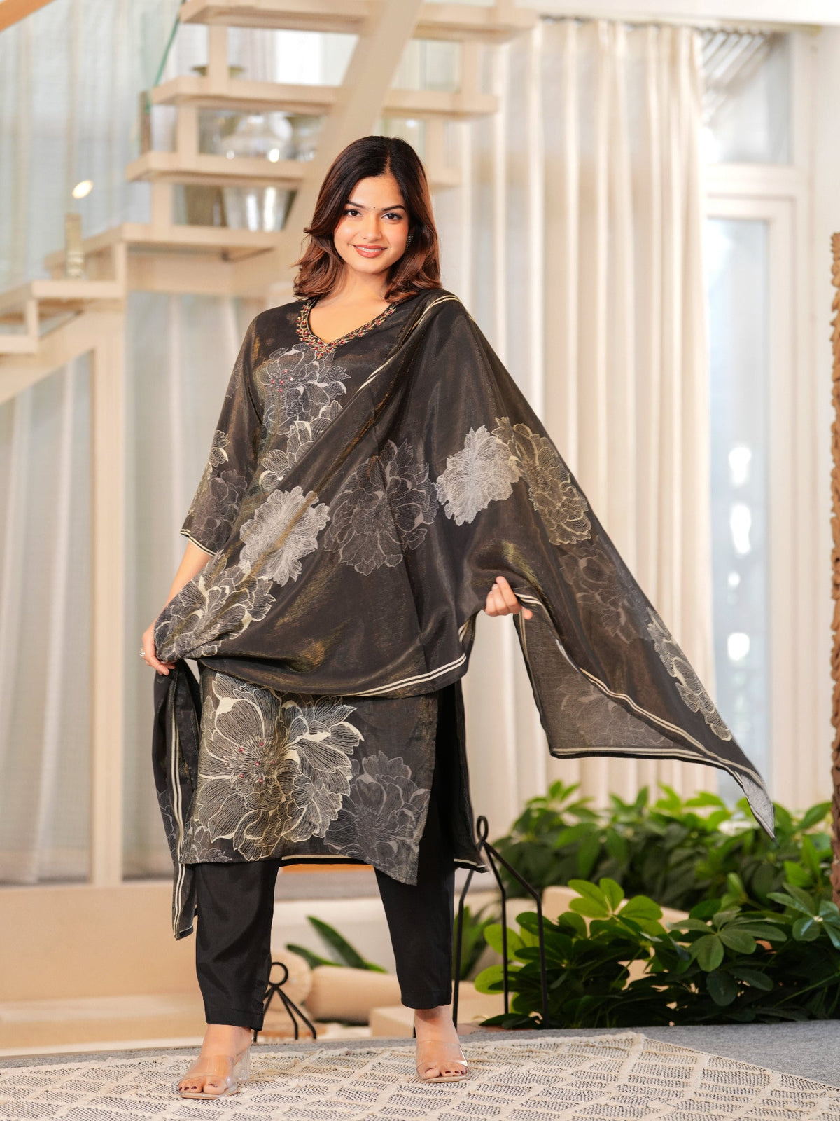 Rangvastra Brown Shimmer Maslin Digital Floral Printed Kurta Pant With Dupatta Set