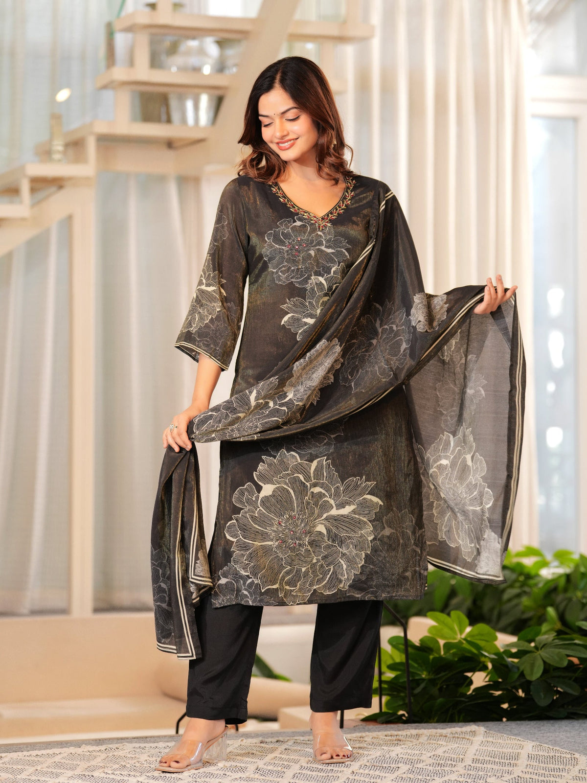 Rangvastra Brown Shimmer Maslin Digital Floral Printed Kurta Pant With Dupatta Set
