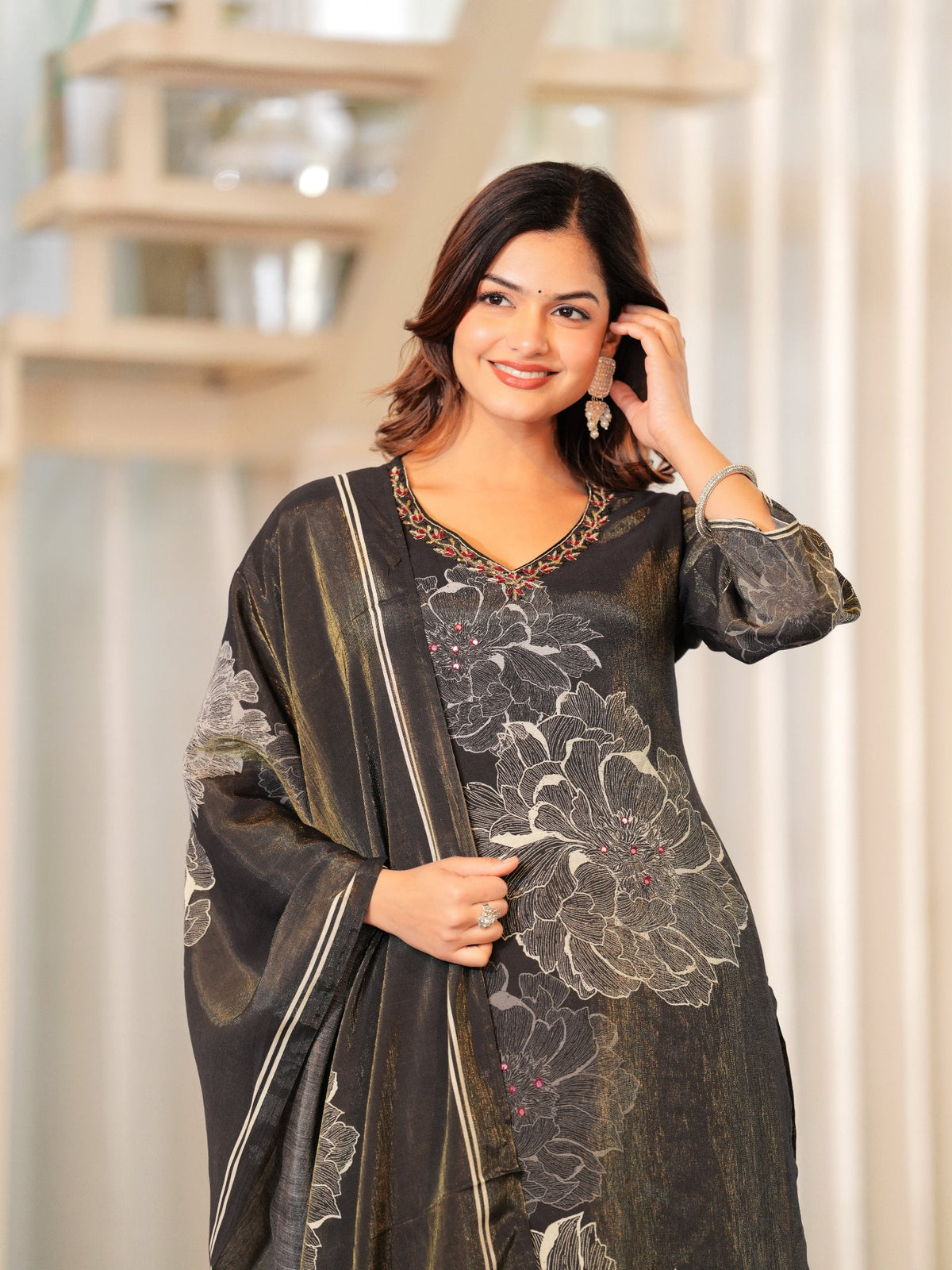 Rangvastra Brown Shimmer Maslin Digital Floral Printed Kurta Pant With Dupatta Set