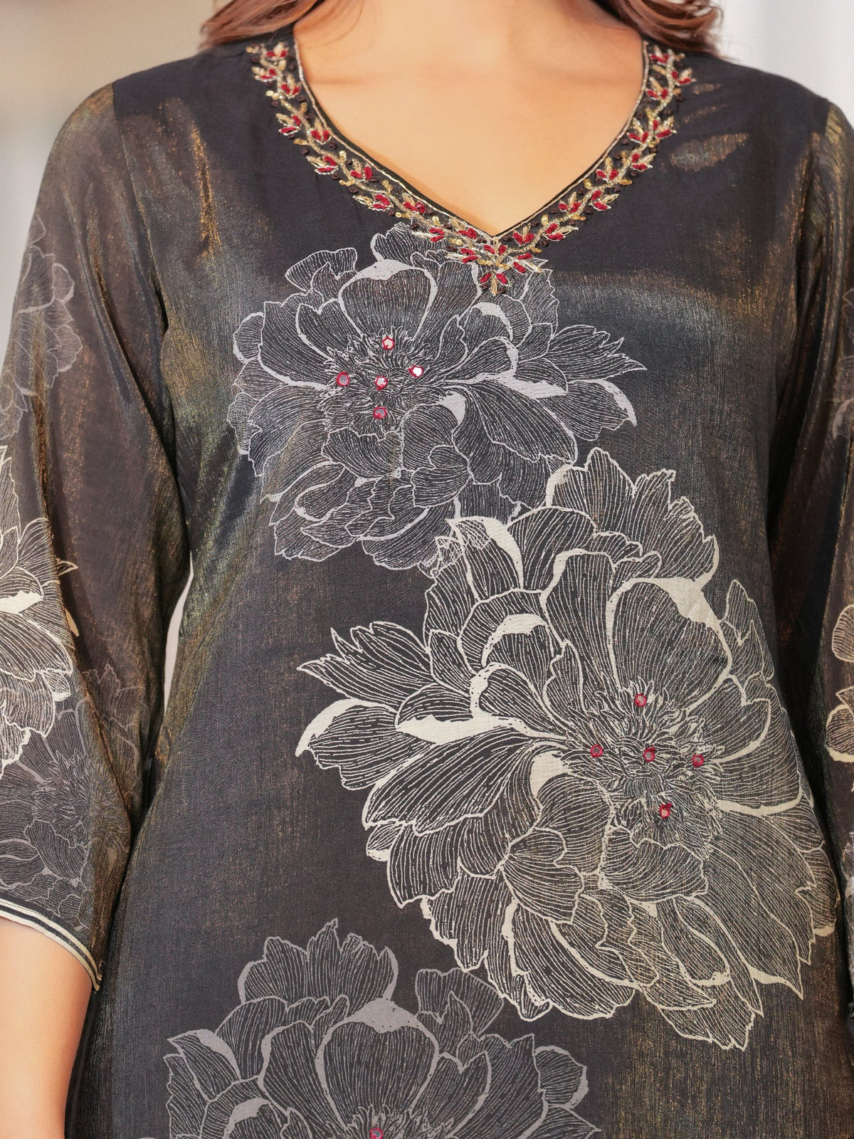 Rangvastra Brown Shimmer Maslin Digital Floral Printed Kurta Pant With Dupatta Set
