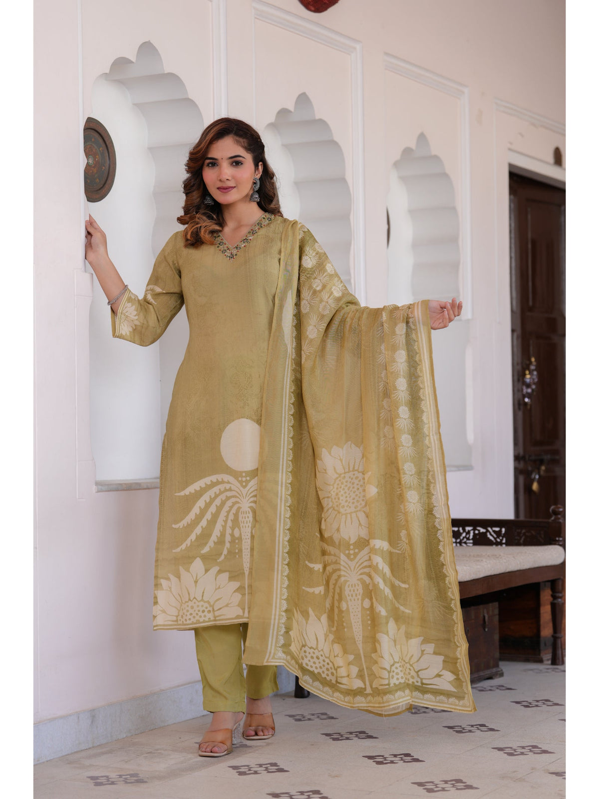 Rangvastra Maslin Green Kurta Pant Duptta Set