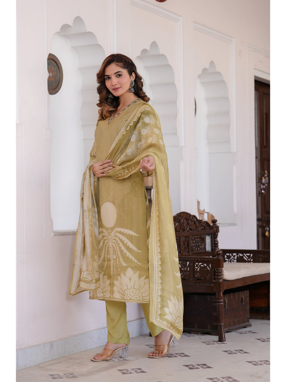 Rangvastra Maslin Green Kurta Pant Duptta Set