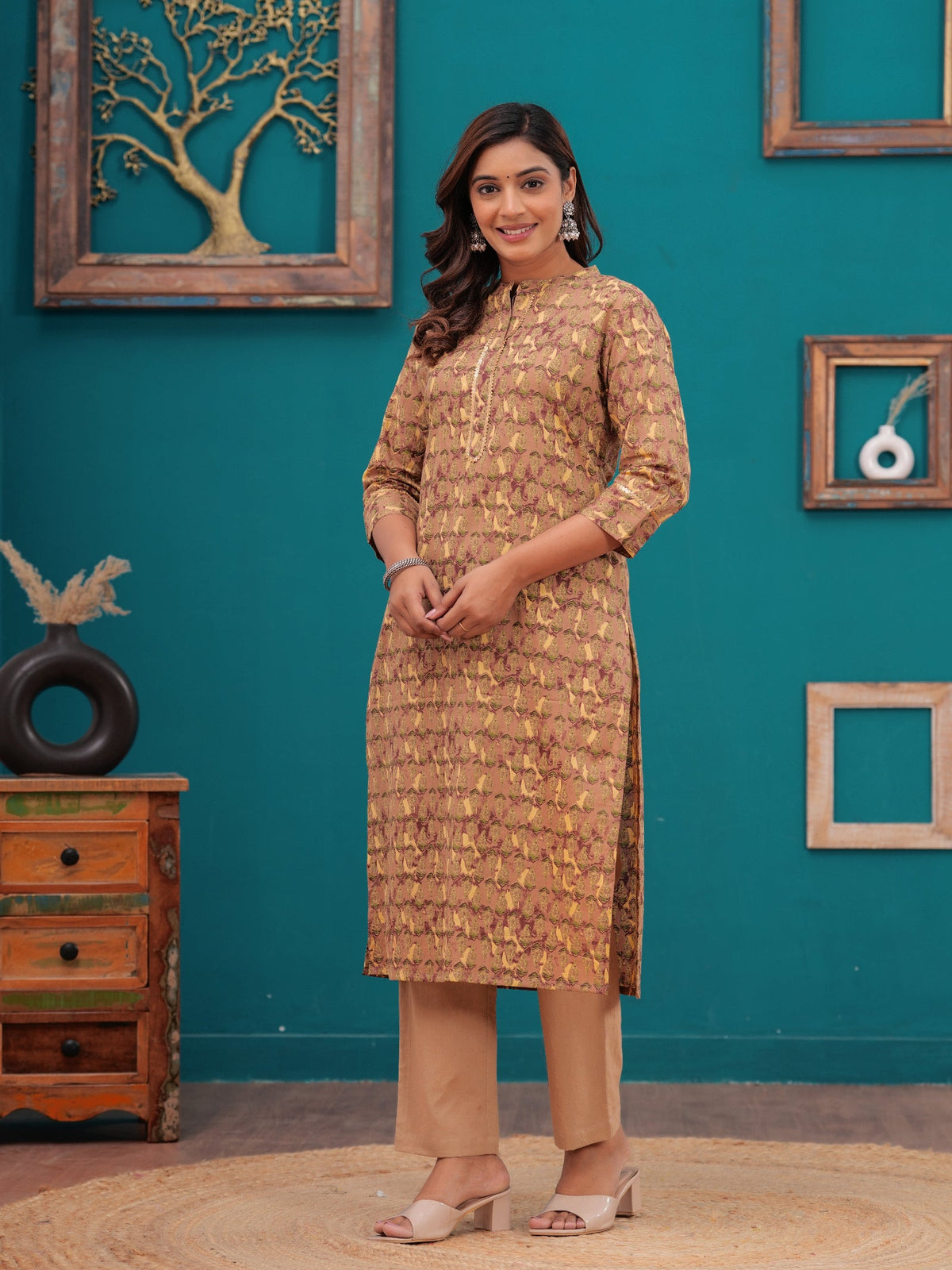 Rangvastra Beige Floral Print Cotton Kurta Pant Set with Gotta Patti