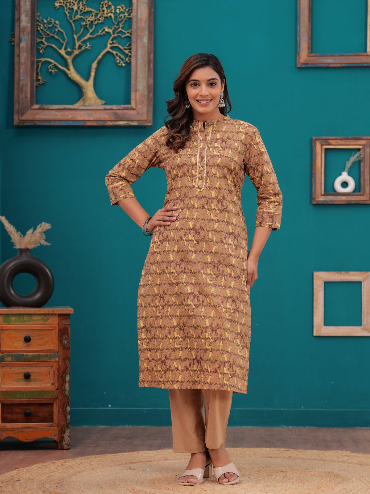 Rangvastra Beige Floral Print Cotton Kurta Pant Set with Gotta Patti