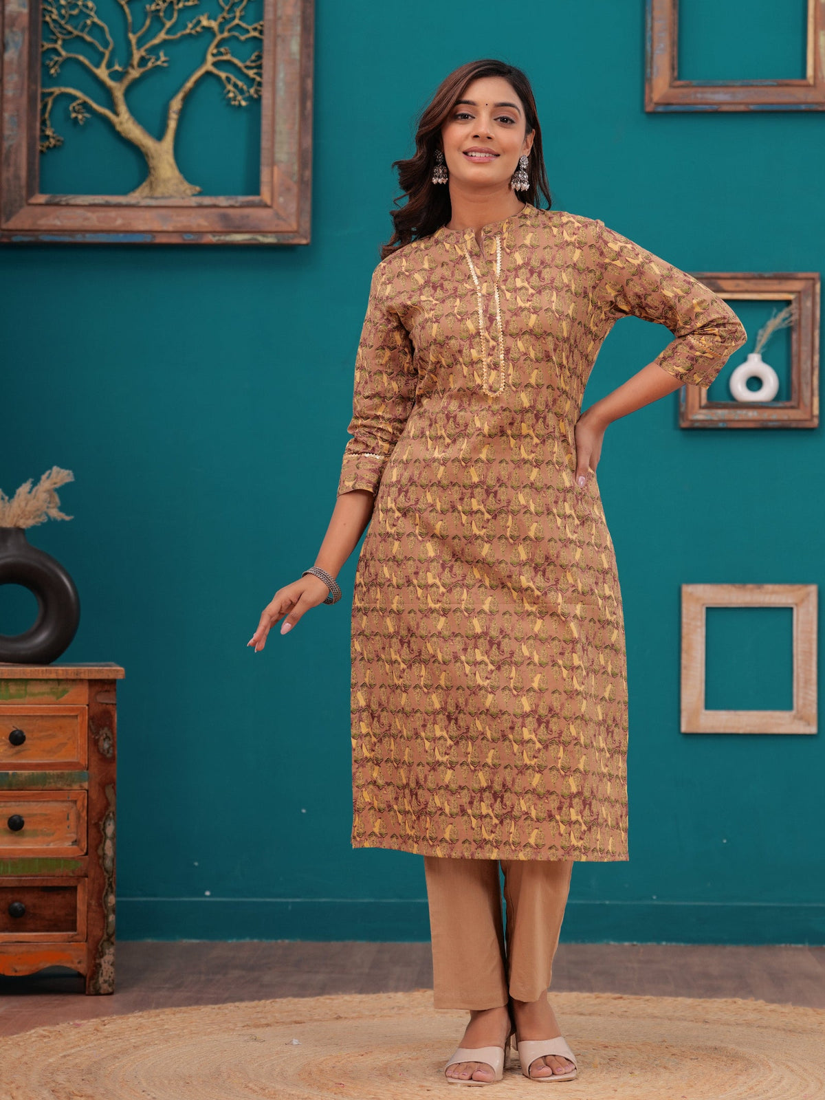 Rangvastra Beige Floral Print Cotton Kurta Pant Set with Gotta Patti