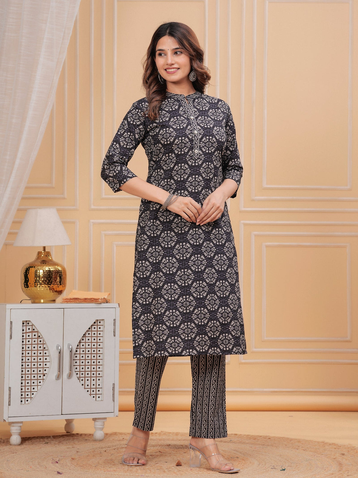 Rangvastra Black Ethnic Motif Print Cotton Kurta Pant Set