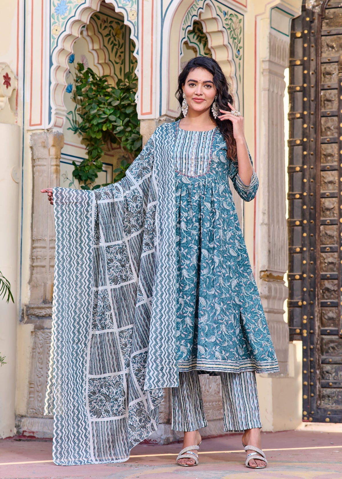 Rangvastra Cotton Floral Printed Kurta Pant With Dupatta Set