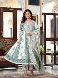 Maluka Women Teal Green Cotton Printed Kurta Pant Dupatta Set