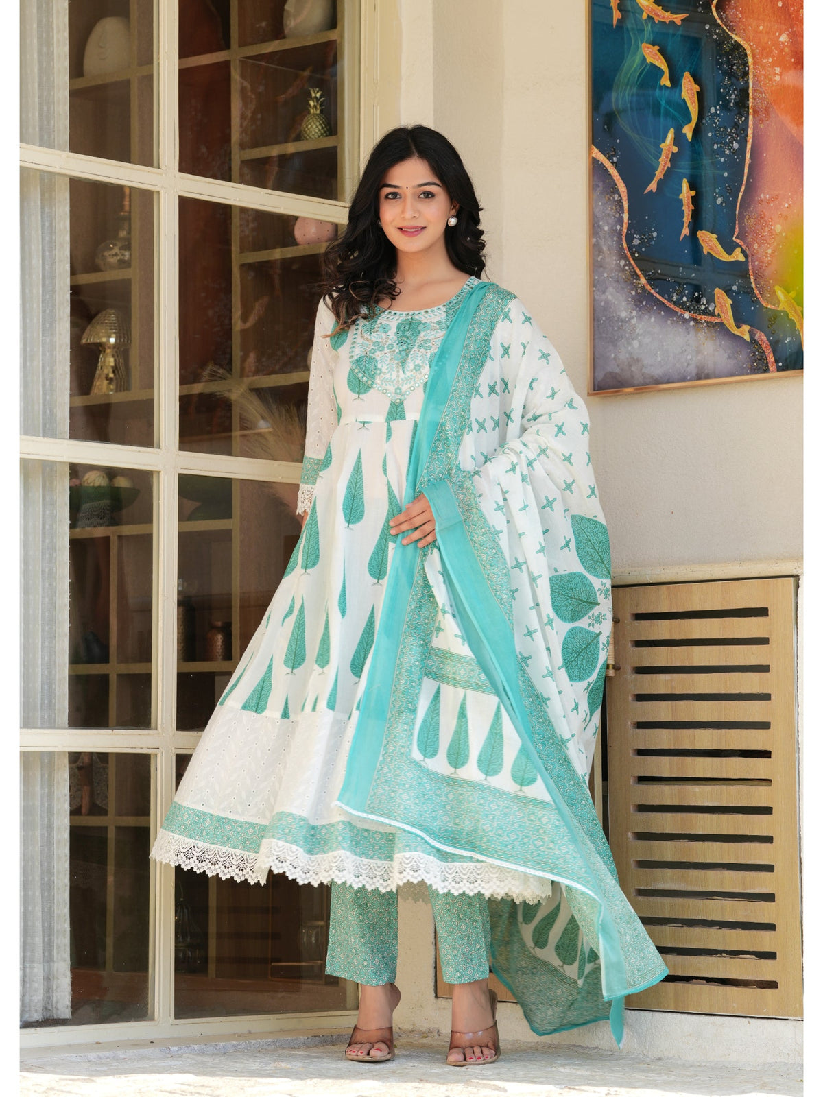 Rangvastra Cotton Light Green Kurta Pant Duptta Set
