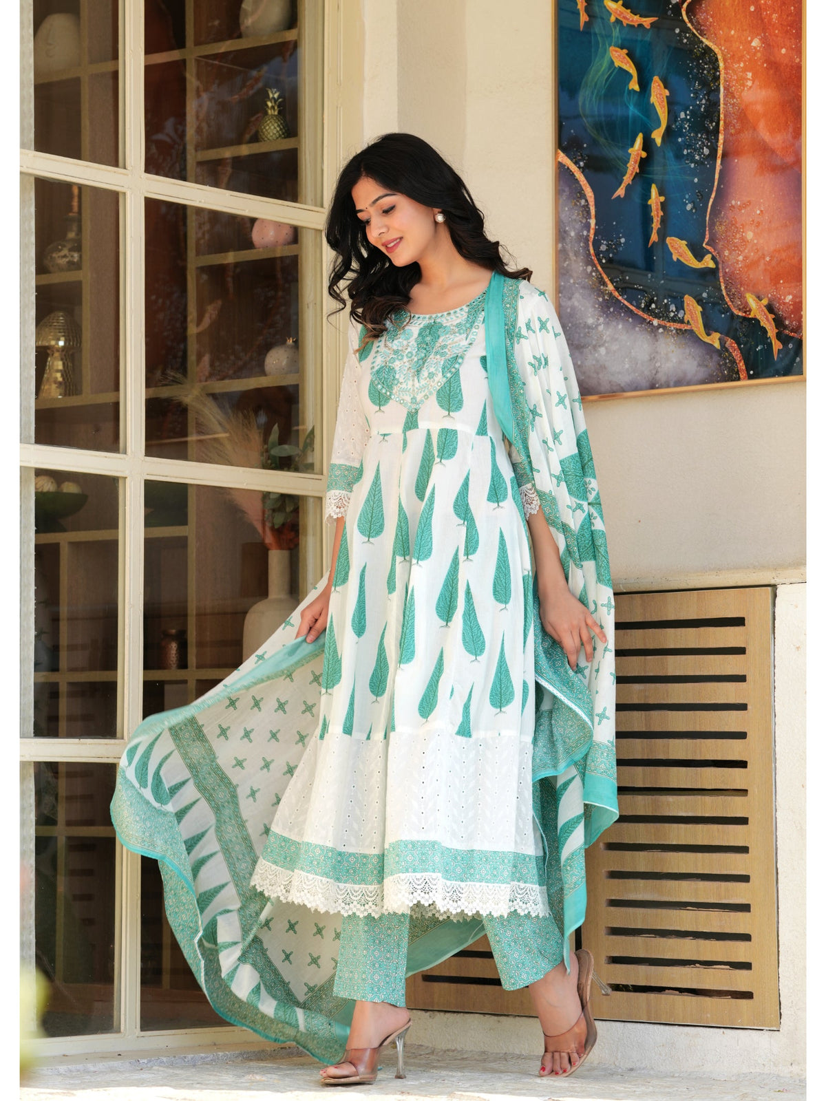 Rangvastra Cotton Light Green Kurta Pant Duptta Set