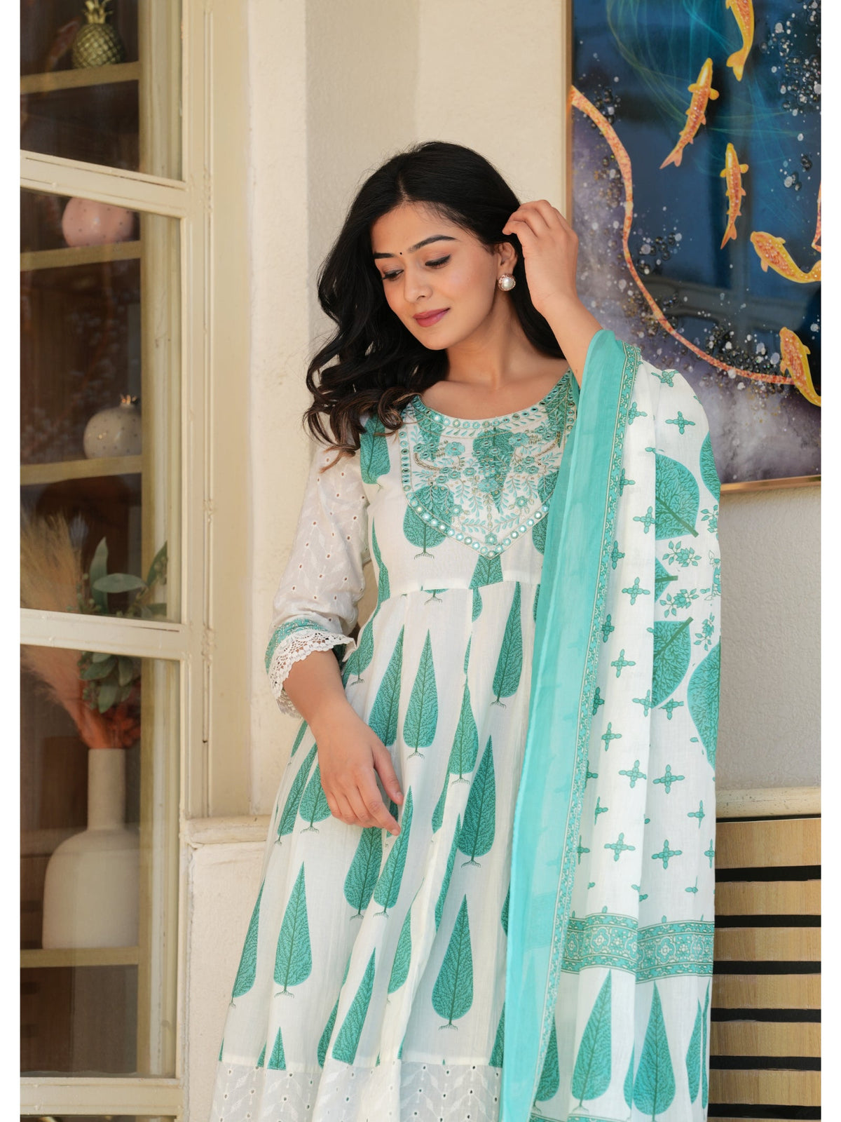 Rangvastra Cotton Light Green Kurta Pant Duptta Set