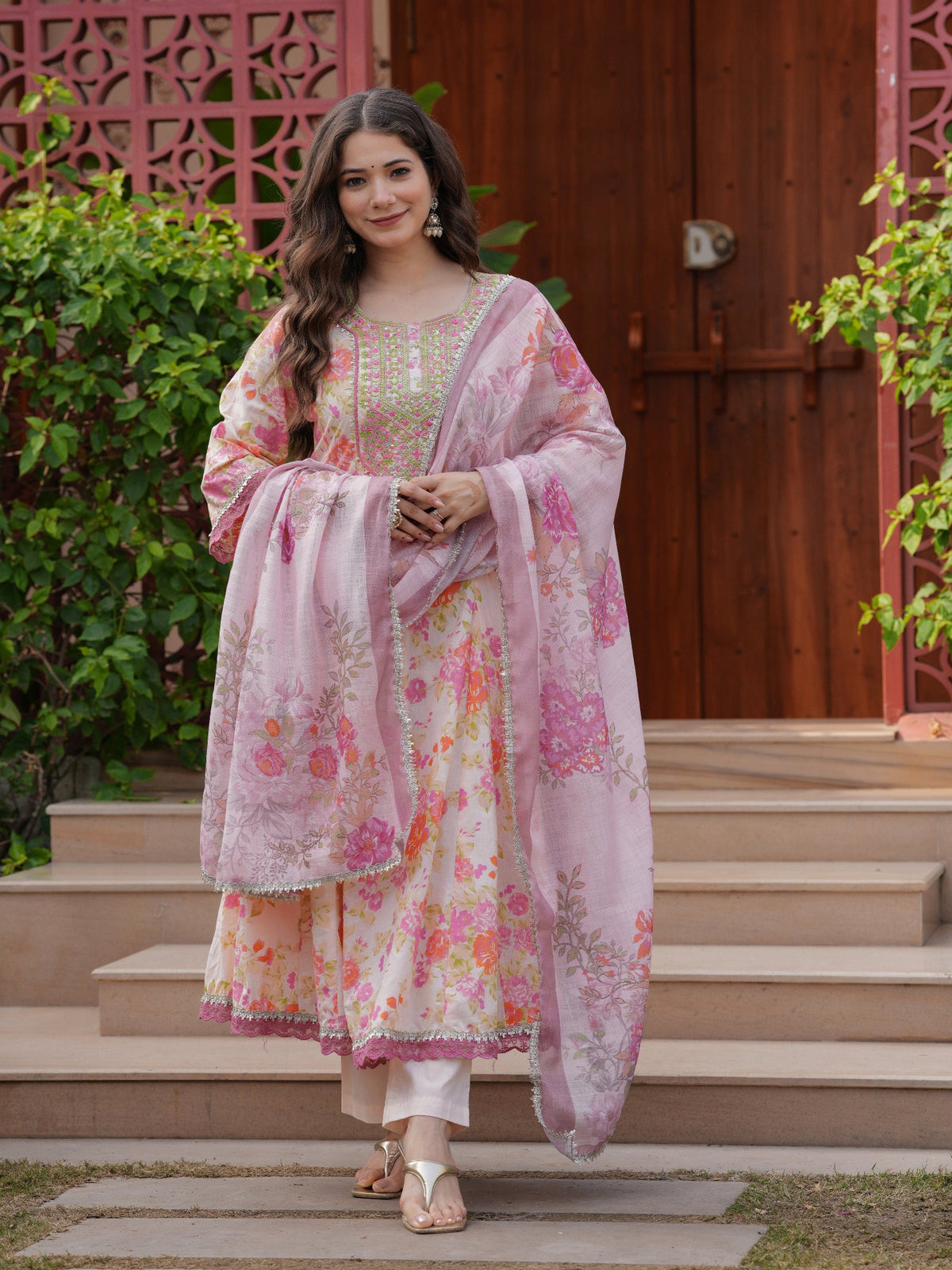 Rangvastra Pink Cotton Floral Printed Kurta Pant Dupatta Set