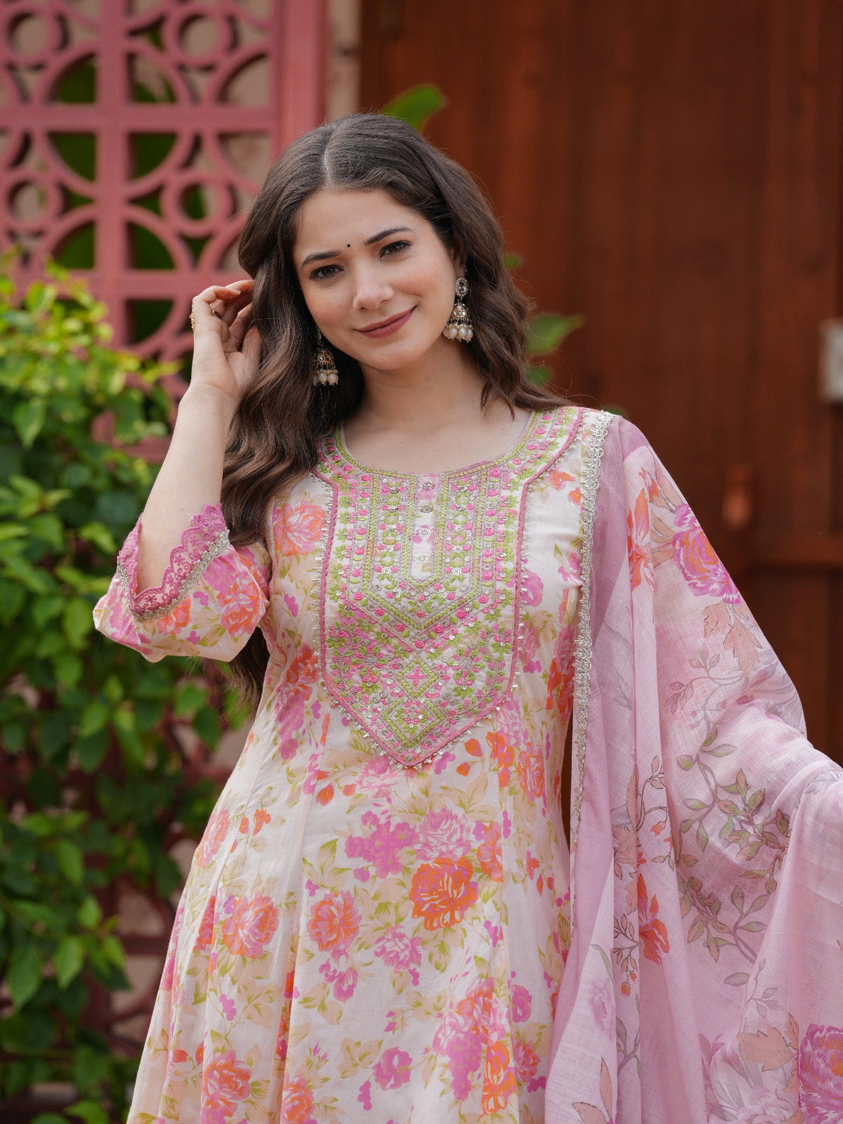 Rangvastra Pink Cotton Floral Printed Kurta Pant Dupatta Set