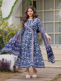 Maluka Women Blue Cotton Floral Printed Kurta Pant Dupatta Set