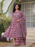 Maluka Women Maroon Cotton Floral Printed Kurta Pant Dupatta Set