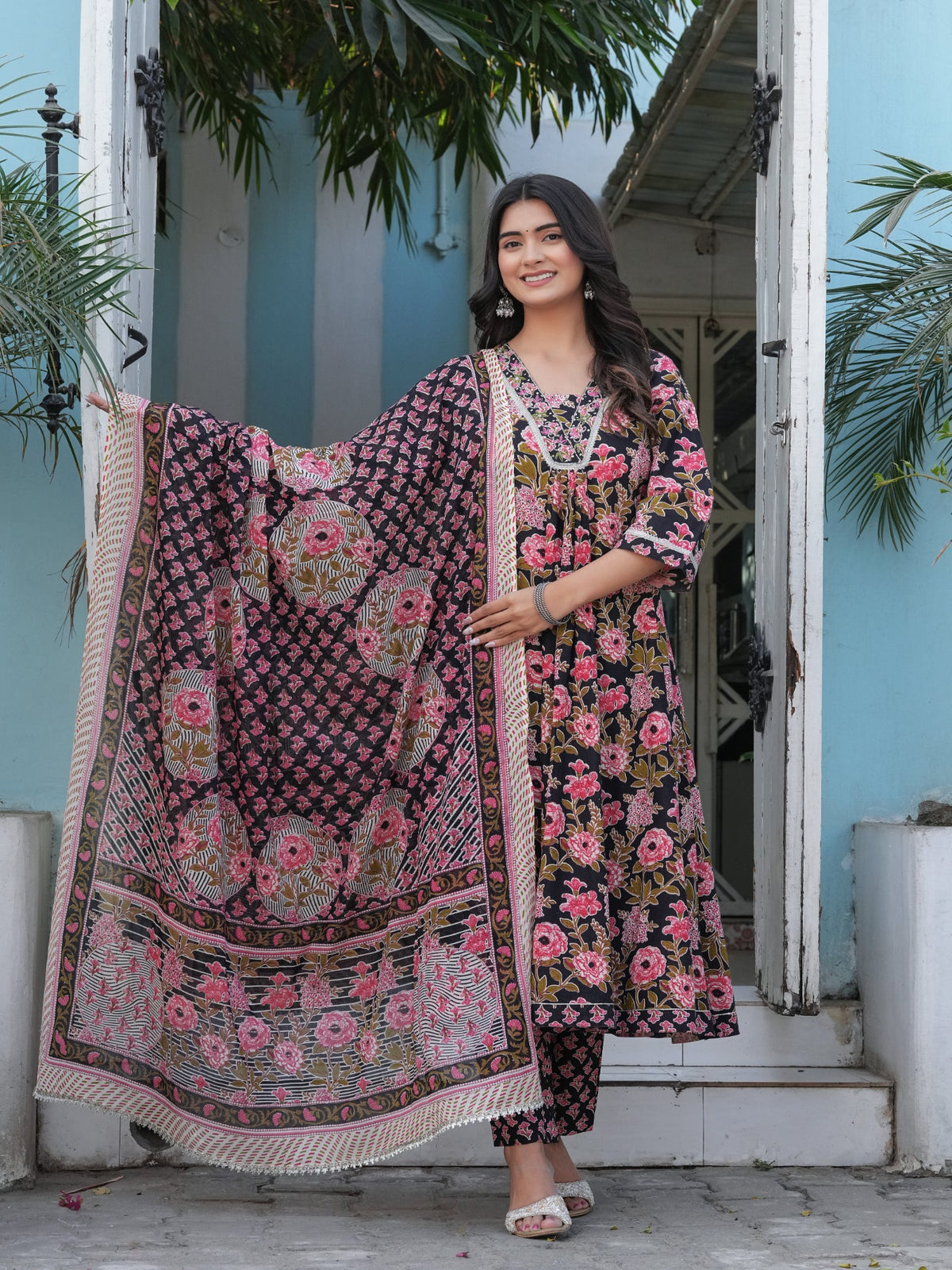Rangvastra Cotton Black, Blue & Red Anarkali Kurta Set with Dupatta