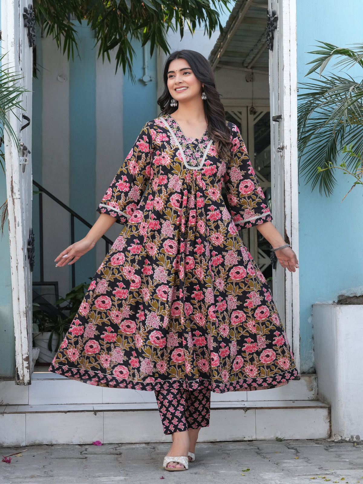 Rangvastra Cotton Black, Blue & Red Anarkali Kurta Set with Dupatta