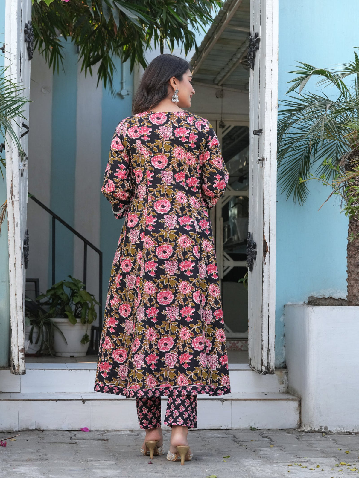 Rangvastra Cotton Black, Blue & Red Anarkali Kurta Set with Dupatta
