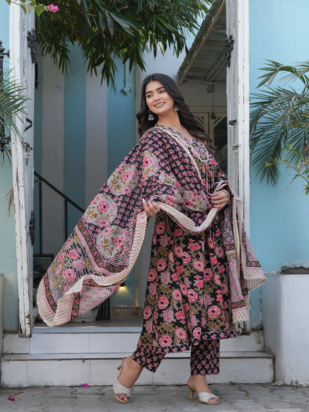 Rangvastra Cotton Black, Blue & Red Anarkali Kurta Set with Dupatta