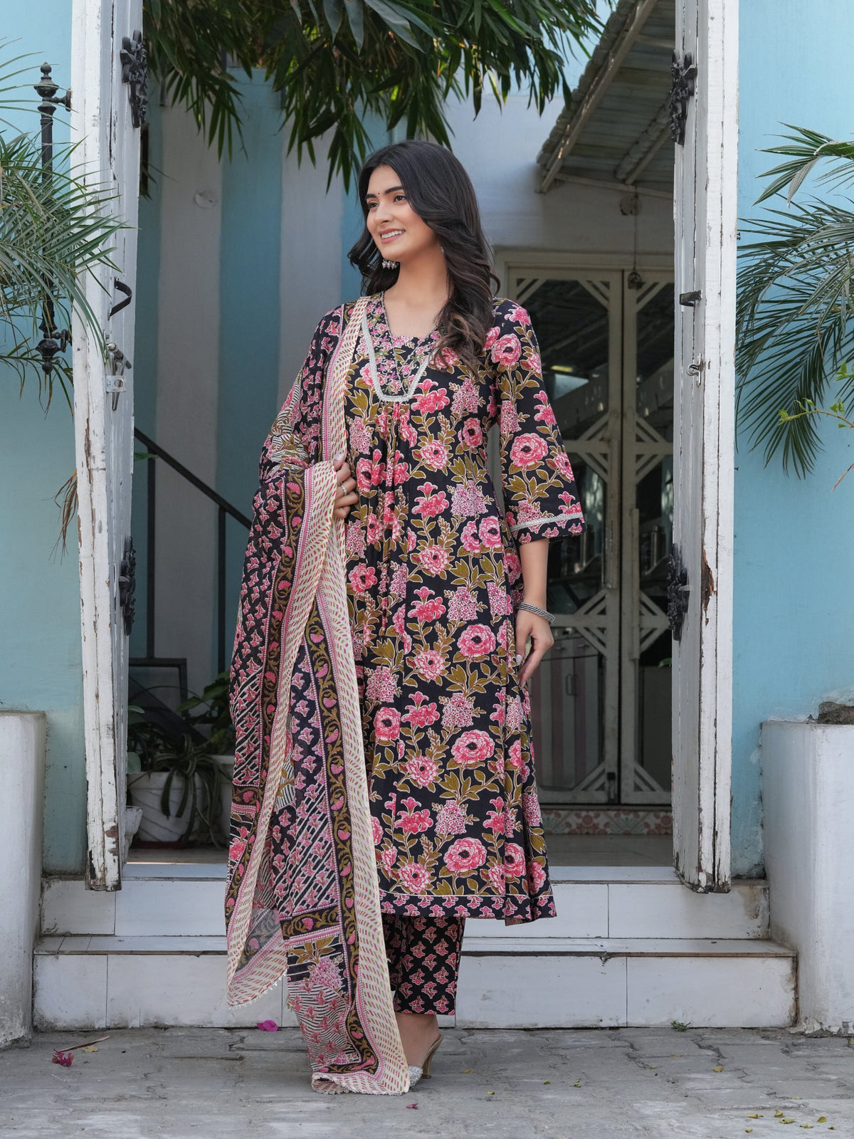 Rangvastra Cotton Black, Blue & Red Anarkali Kurta Set with Dupatta