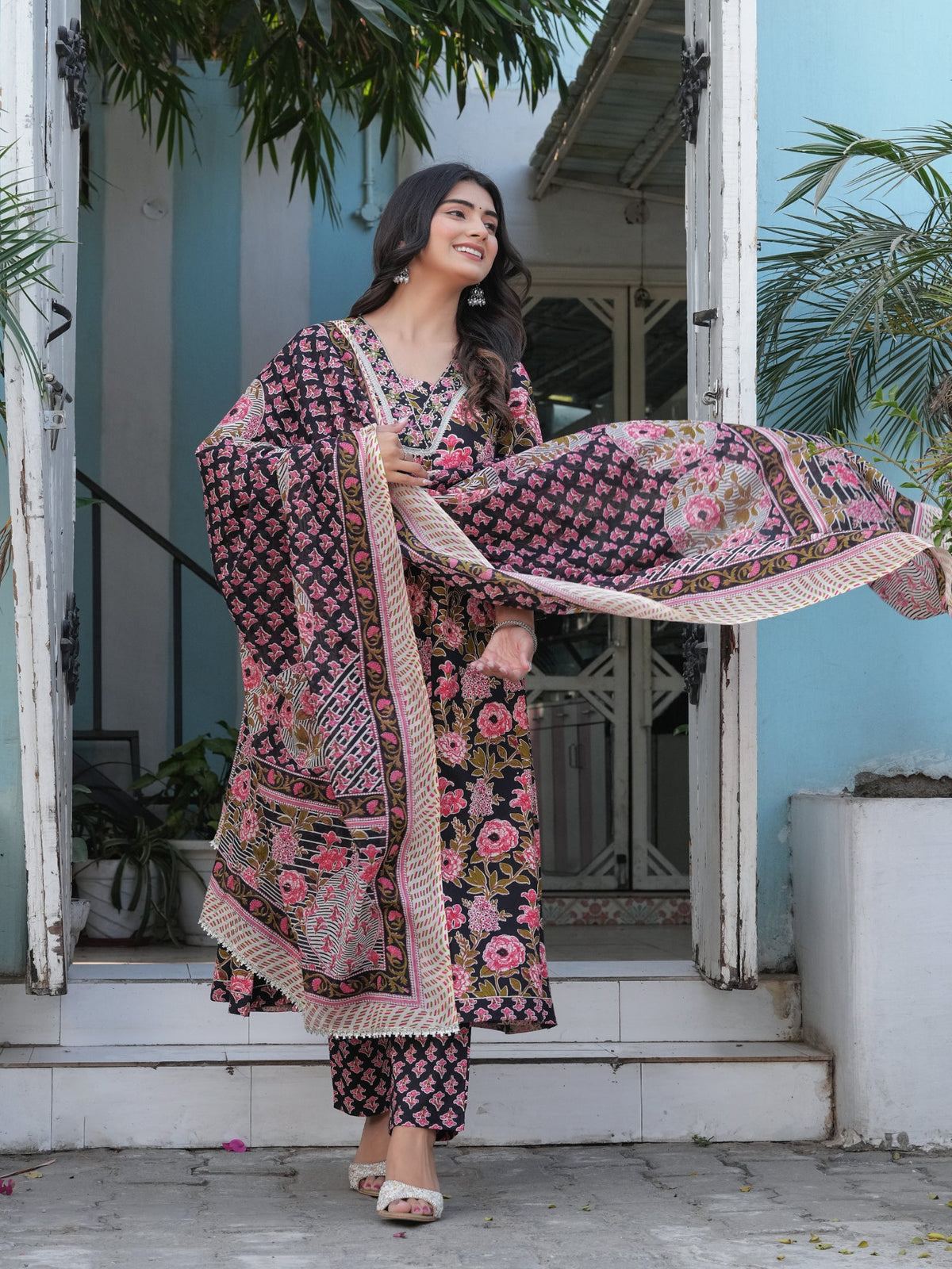 Rangvastra Cotton Black, Blue & Red Anarkali Kurta Set with Dupatta