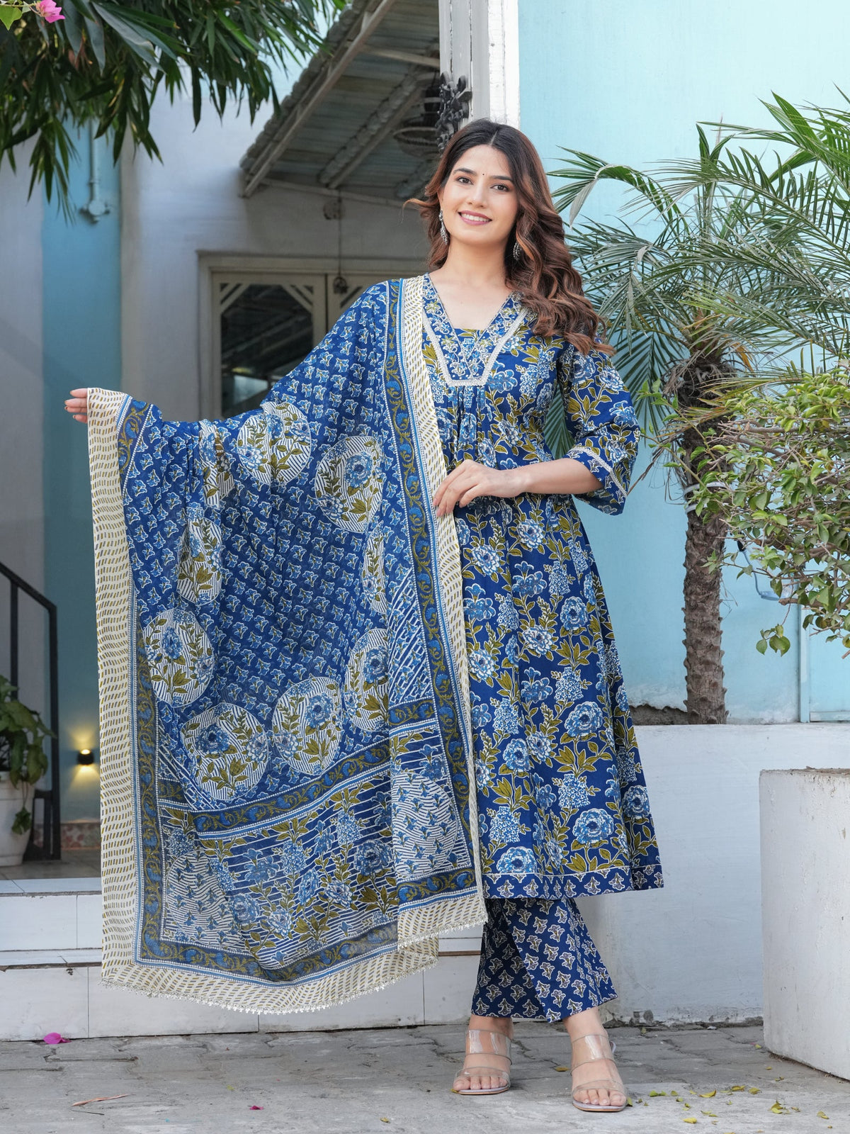 Rangvastra Cotton Black, Blue & Red Anarkali Kurta Set with Dupatta
