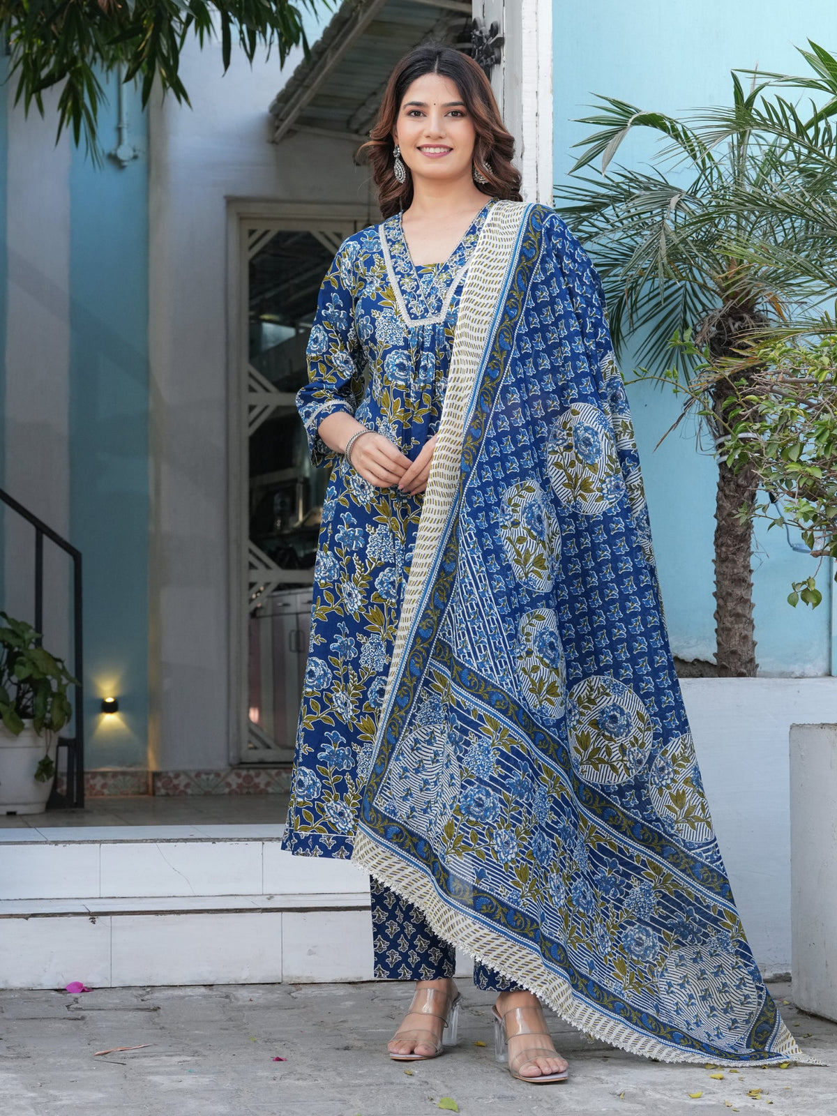 Rangvastra Cotton Black, Blue & Red Anarkali Kurta Set with Dupatta