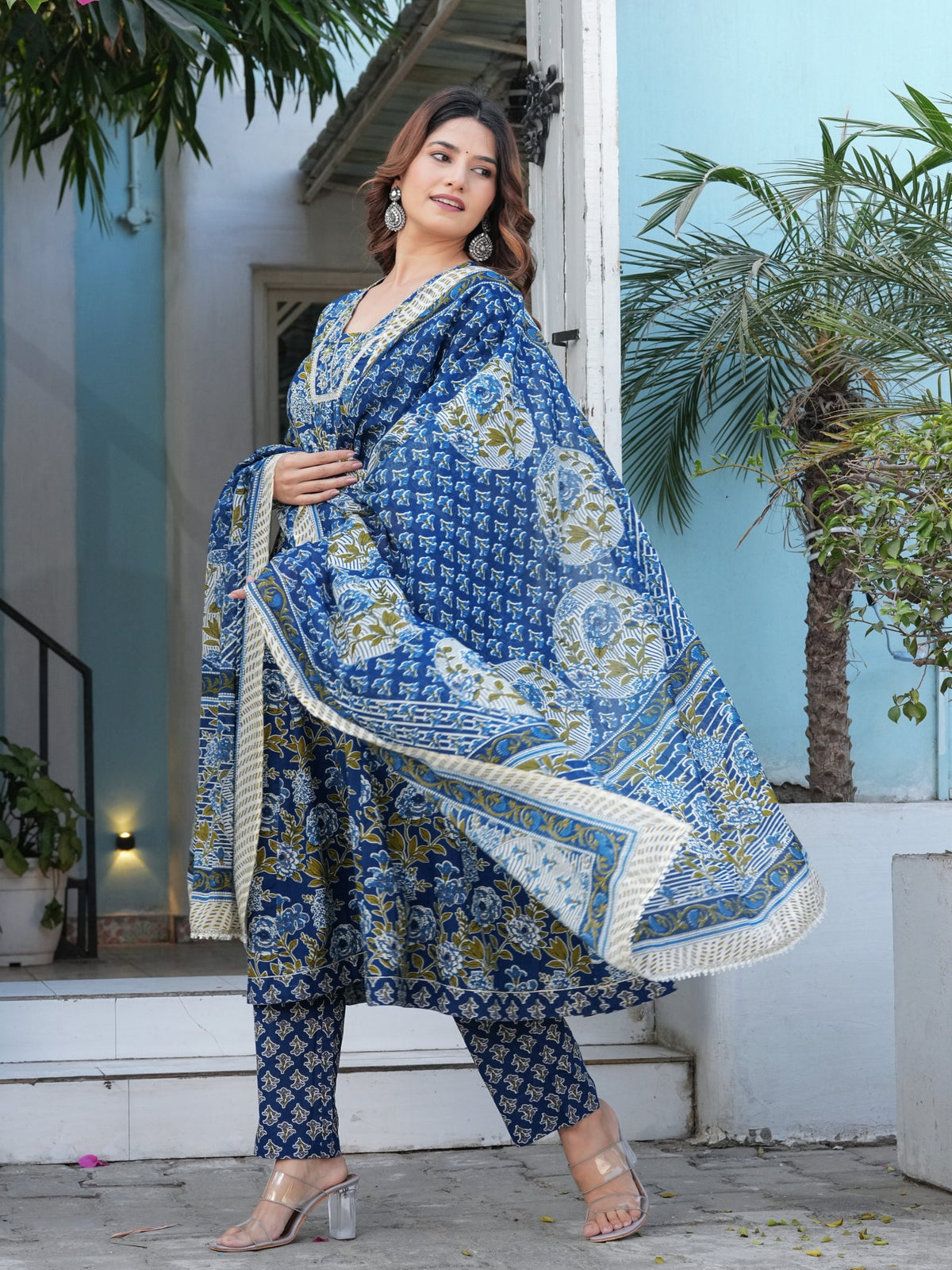 Rangvastra Cotton Black, Blue & Red Anarkali Kurta Set with Dupatta