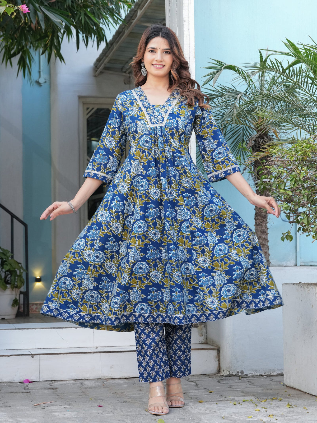 Rangvastra Cotton Black, Blue & Red Anarkali Kurta Set with Dupatta