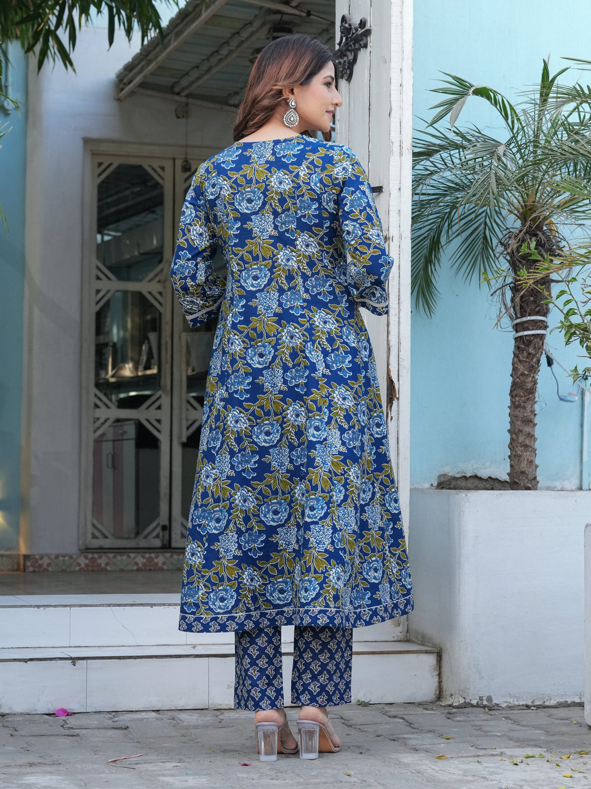 Rangvastra Cotton Black, Blue & Red Anarkali Kurta Set with Dupatta