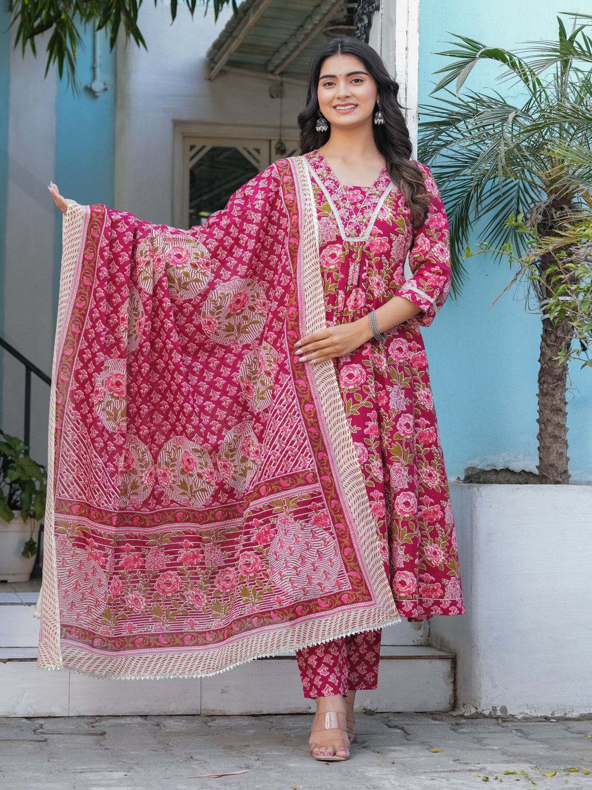 Rangvastra Cotton Black, Blue & Red Anarkali Kurta Set with Dupatta