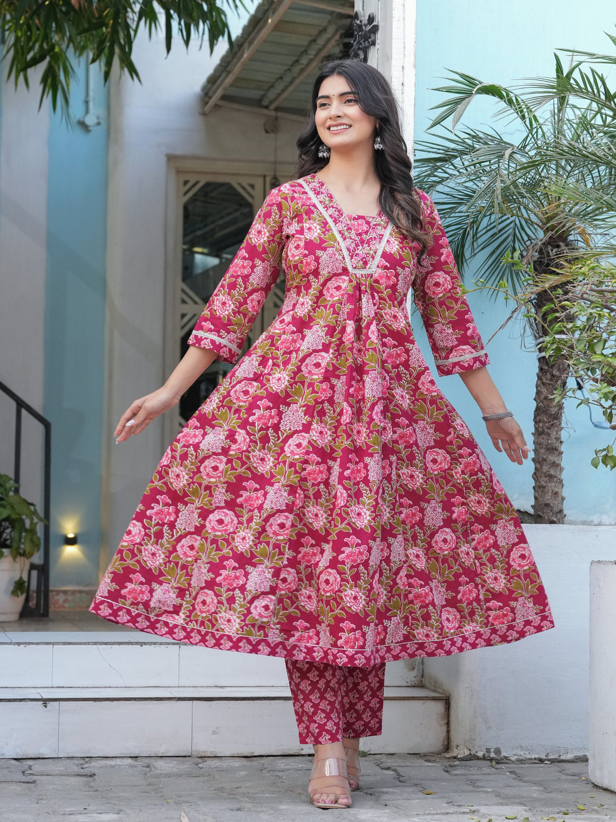 Rangvastra Cotton Black, Blue & Red Anarkali Kurta Set with Dupatta