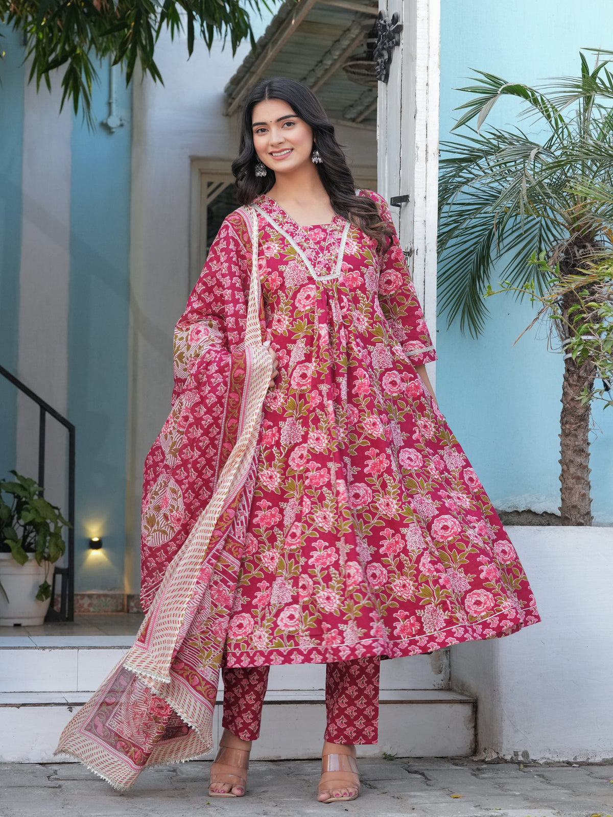 Rangvastra Cotton Black, Blue & Red Anarkali Kurta Set with Dupatta
