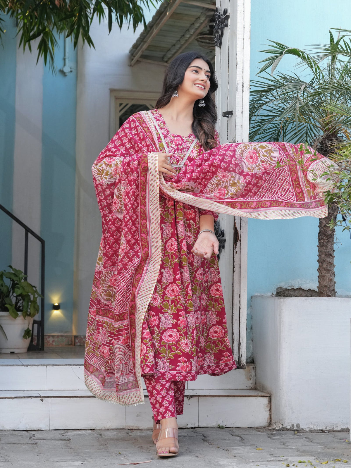 Rangvastra Cotton Black, Blue & Red Anarkali Kurta Set with Dupatta
