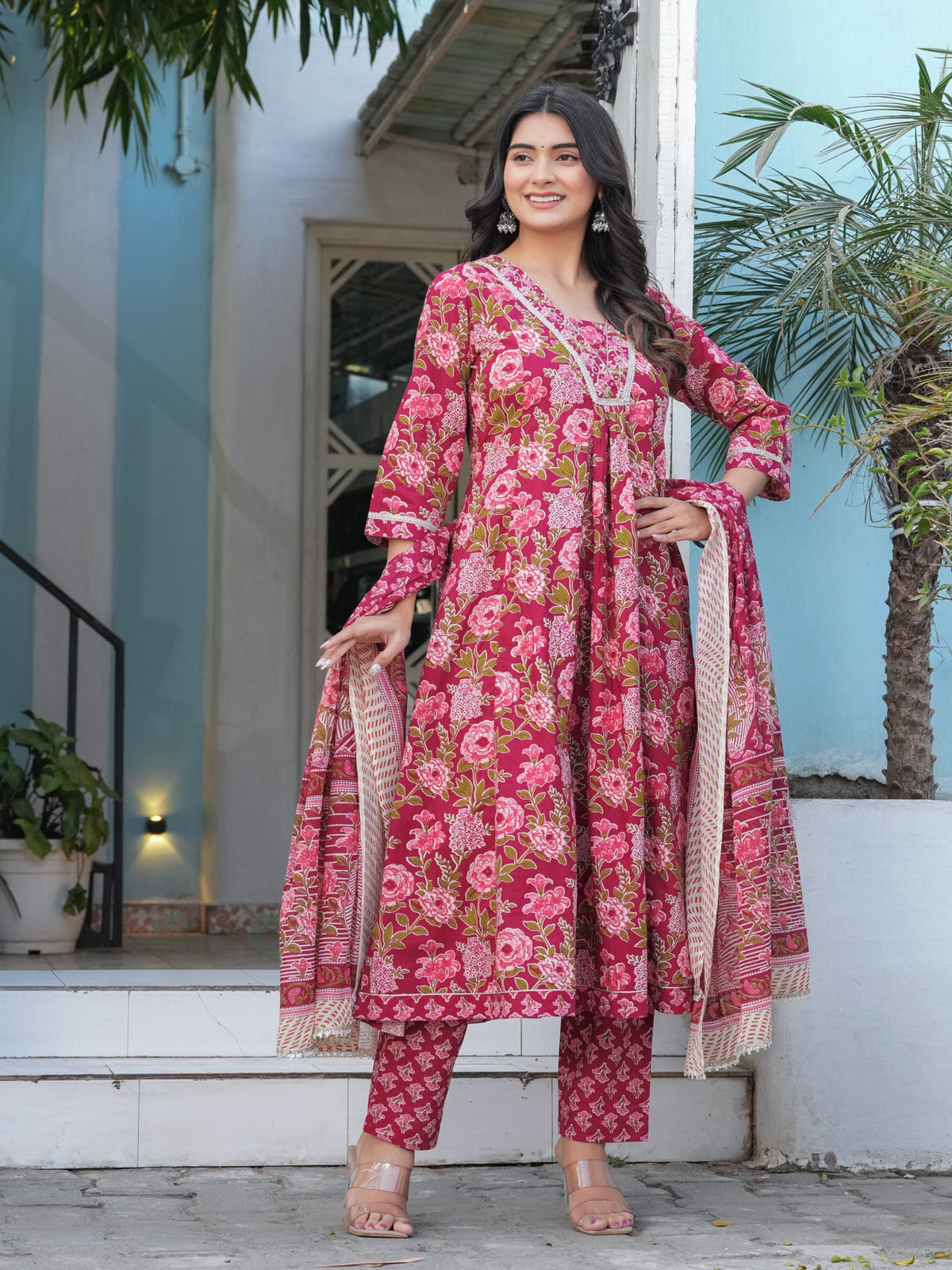 Rangvastra Cotton Black, Blue & Red Anarkali Kurta Set with Dupatta