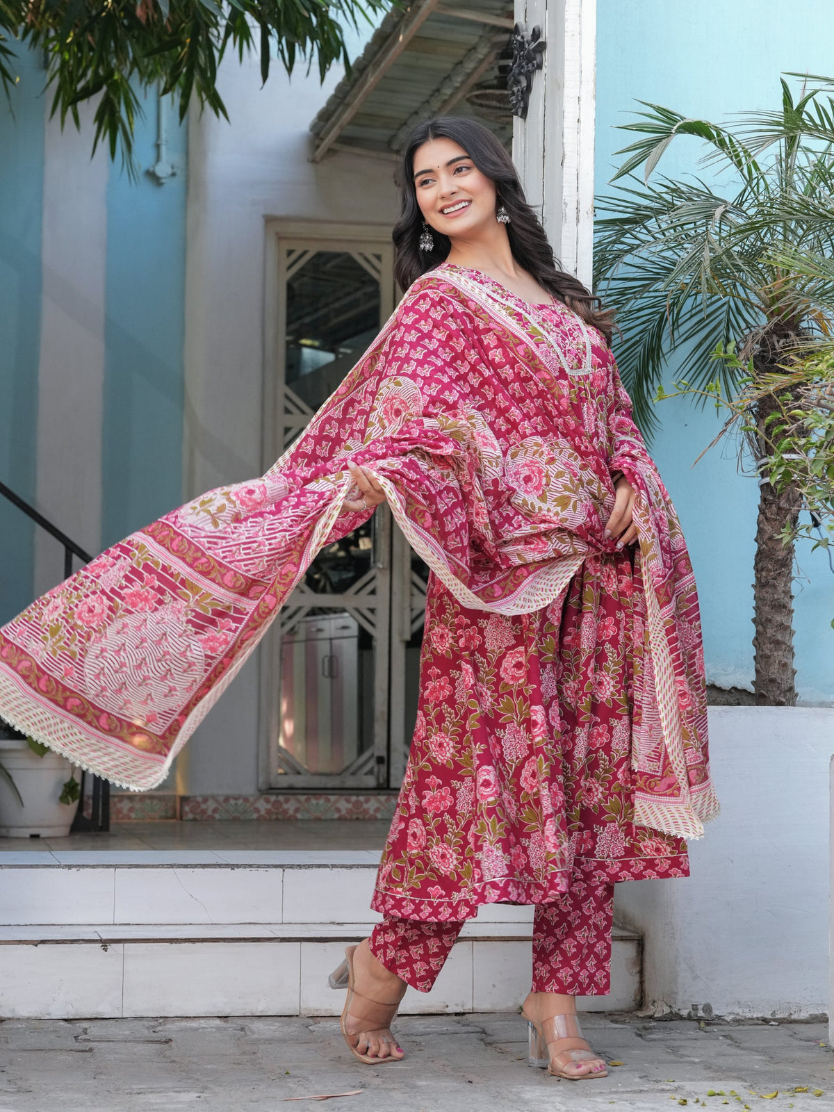 Rangvastra Cotton Black, Blue & Red Anarkali Kurta Set with Dupatta
