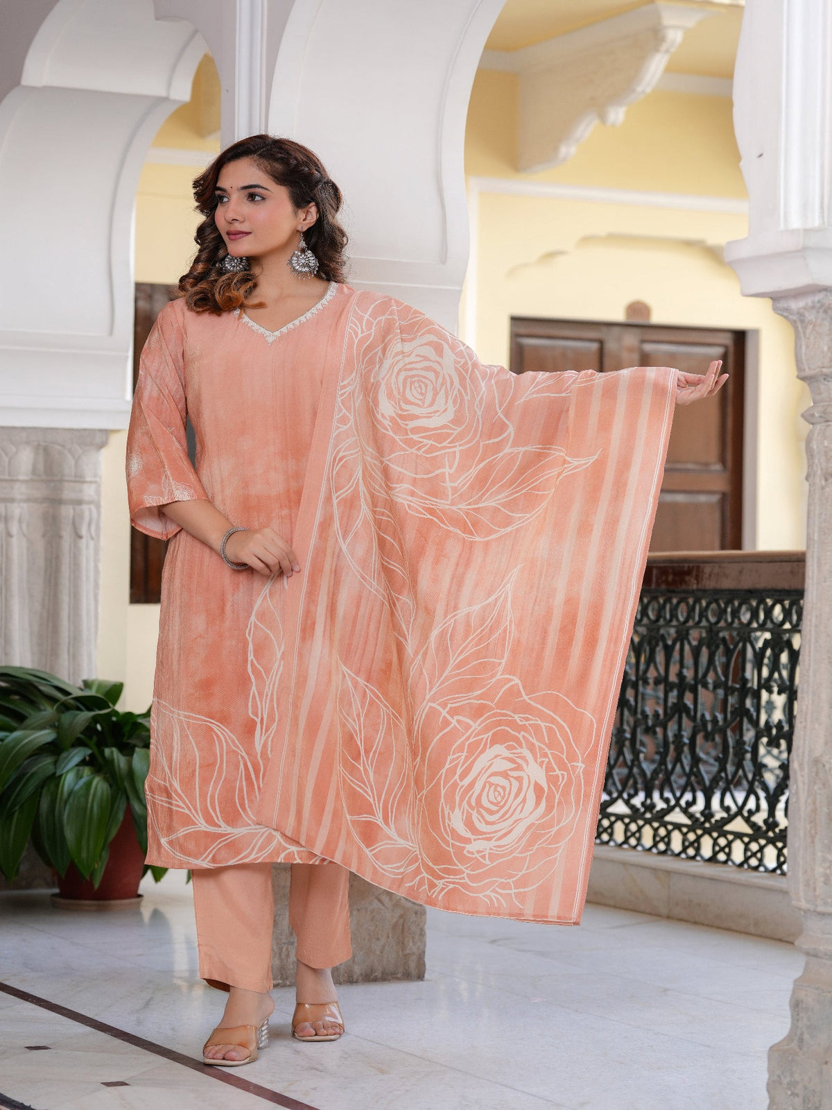 Rangvastra Peach Shimmer Crape Digital Floral Print Kurta Pant Dupatta Set