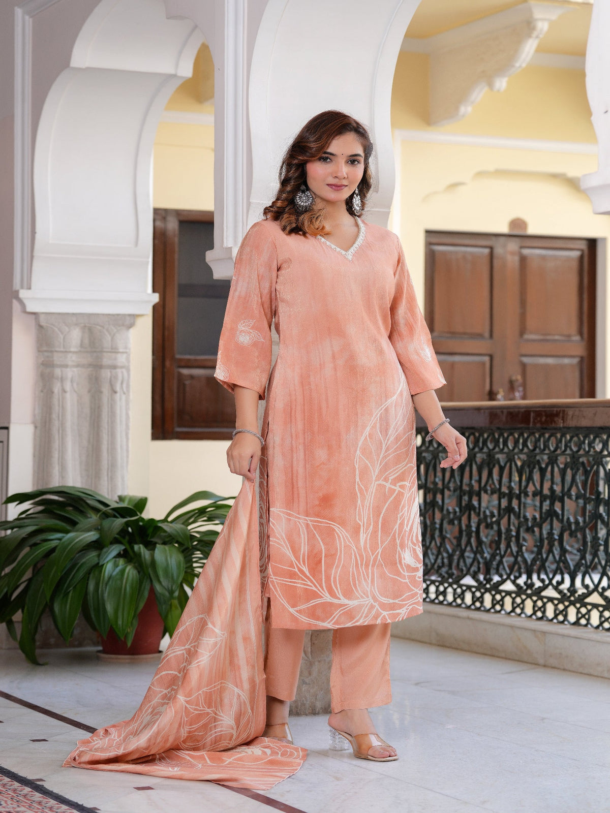 Rangvastra Peach Shimmer Crape Digital Floral Print Kurta Pant Dupatta Set