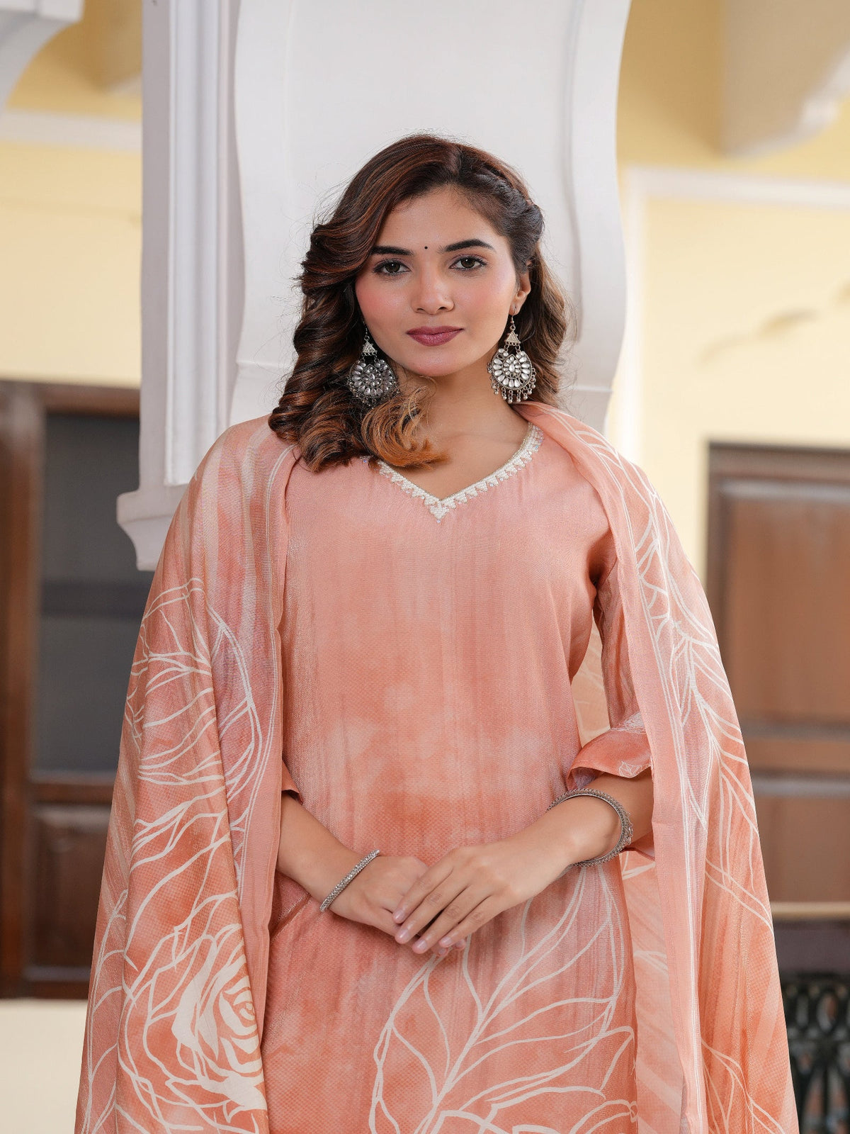 Rangvastra Peach Shimmer Crape Digital Floral Print Kurta Pant Dupatta Set